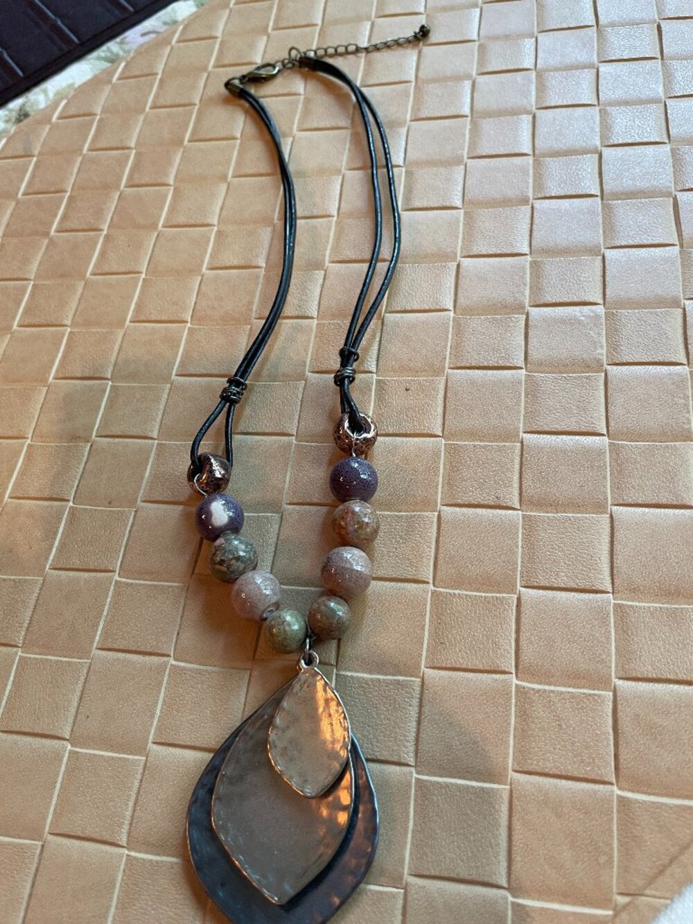 Handcrafted Necklace with Beads and Metal Brown 11 1/2" Long